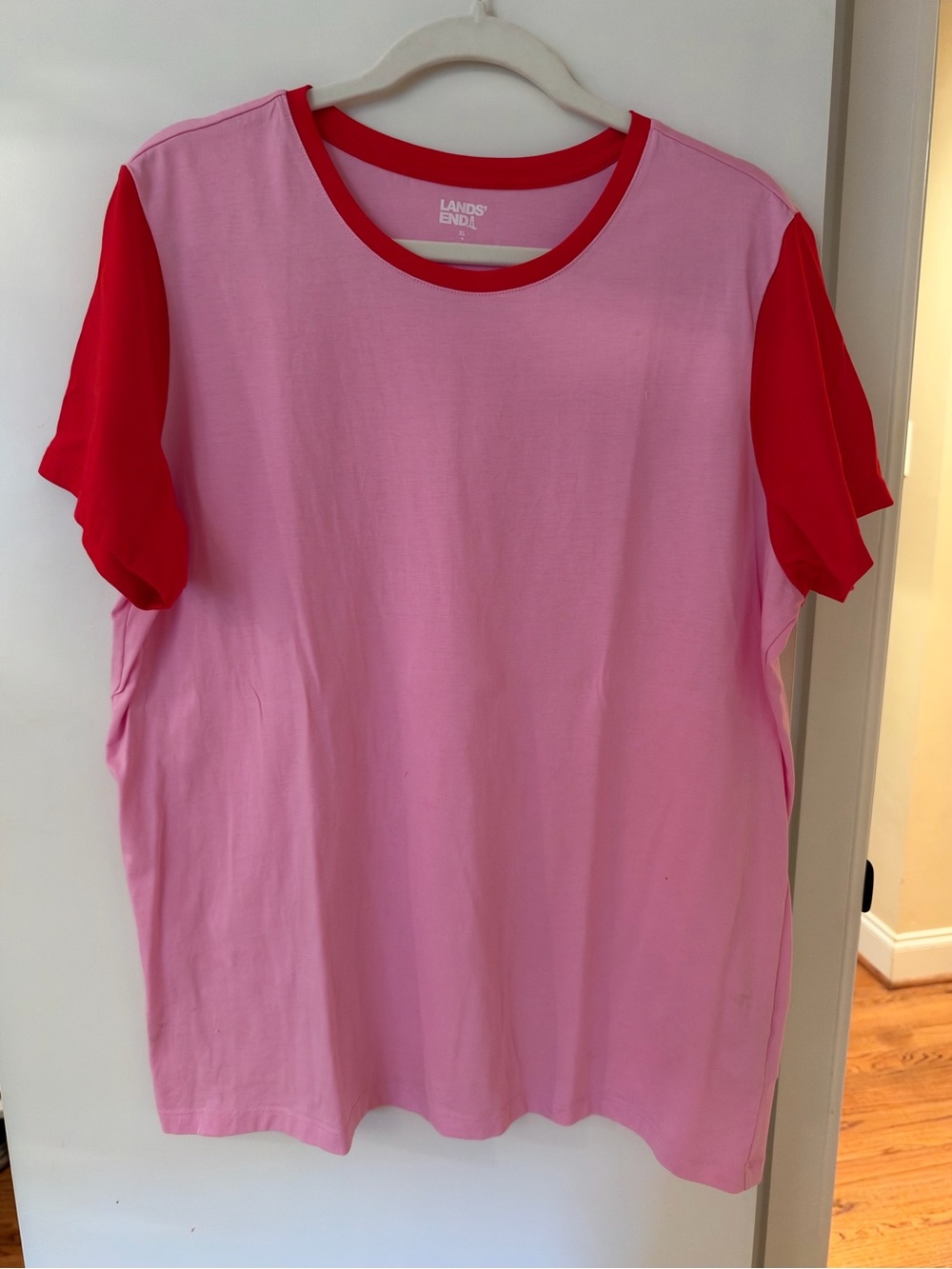 Lands' End Pink Tee with Red Sleeves and Neckline